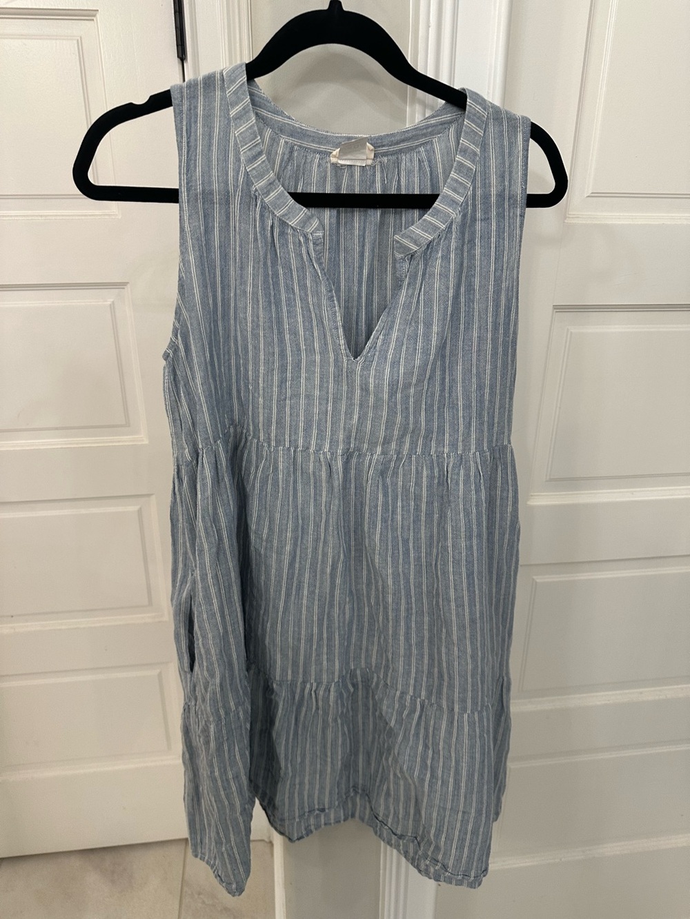 Natural Life Dress L Blue White Stripe Cotton Tiered Boho Sleeveless Mini Tunic